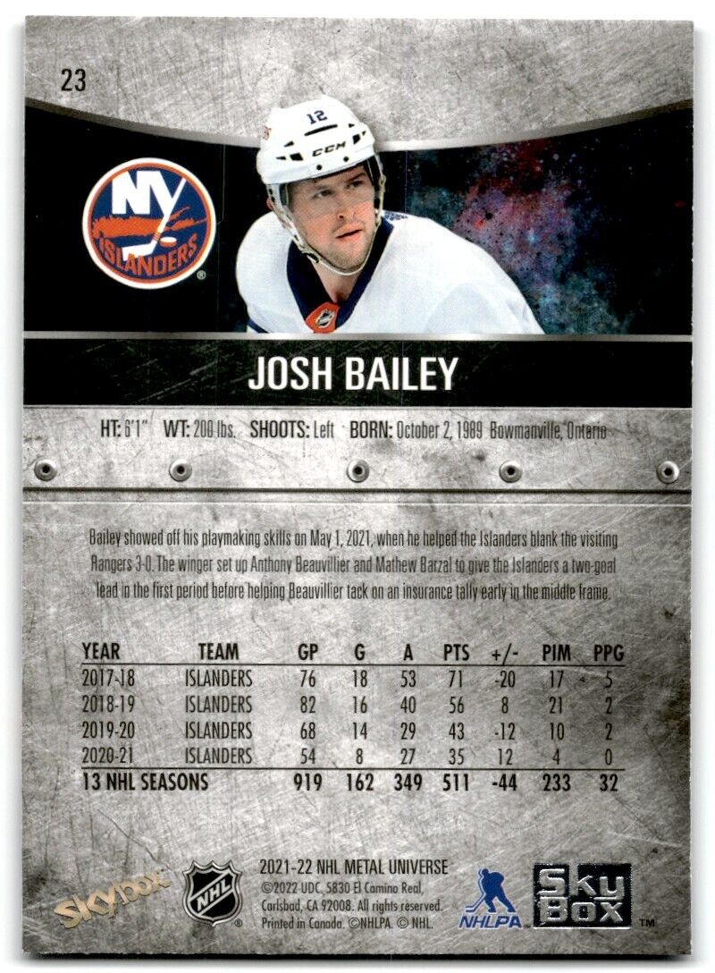 2021-22 Skybox Metal Universe Josh Bailey New York Islanders #23