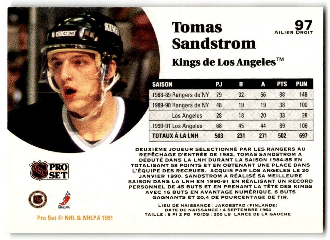 1991-92 Pro Set Tomas Sandstrom Los Angeles Kings #97