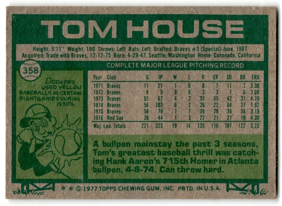 1977 Topps Tom House Boston Red Sox #358