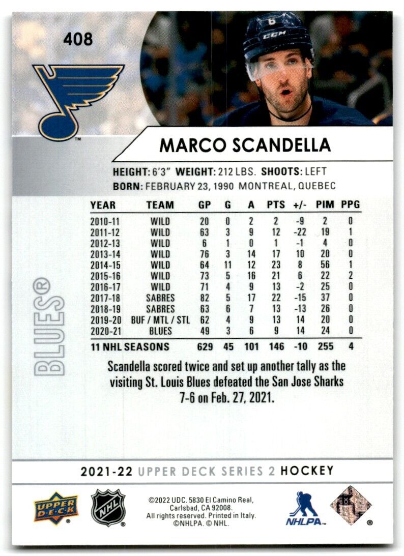 2021-22 Upper Deck Marco Scandella St. Louis Blues #408