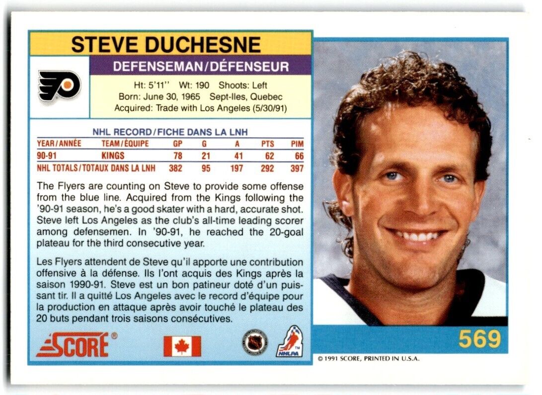 1991-92 Score Canadian Bilingual Steve Duchesne Philadelphia Flyers #569