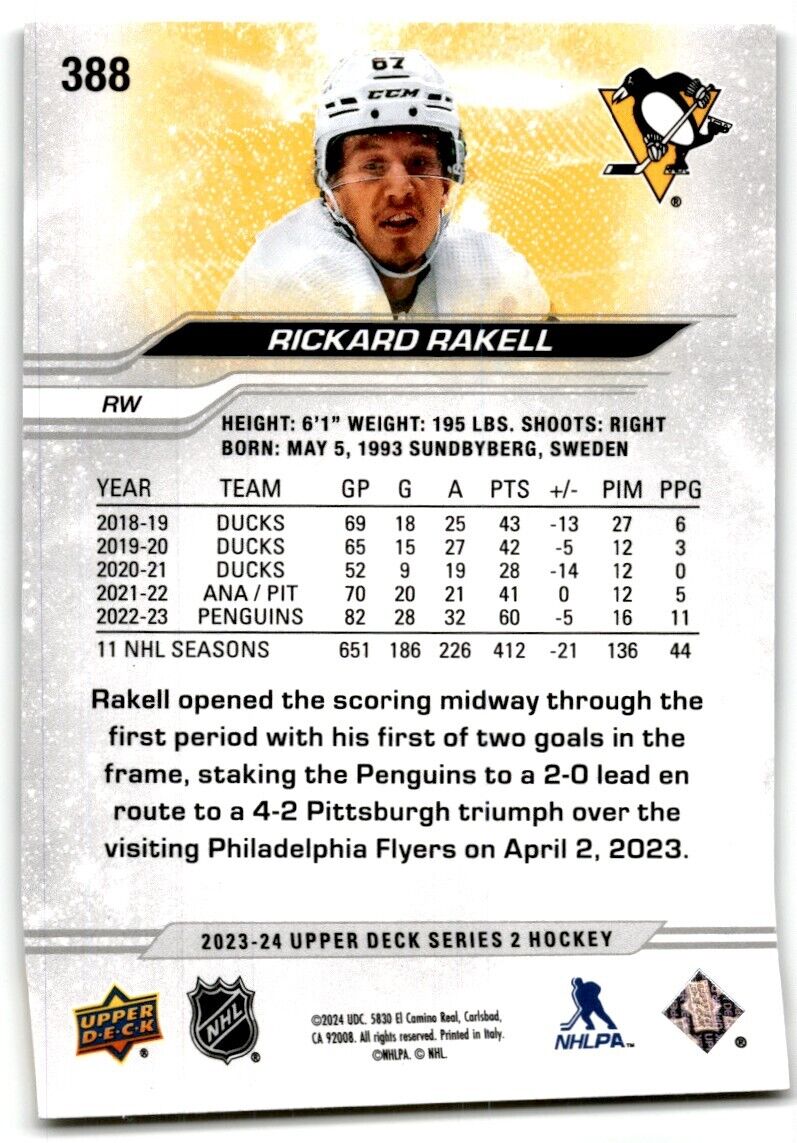 2023-24 Upper Deck Rickard Rakell Pittsburgh Penguins #388