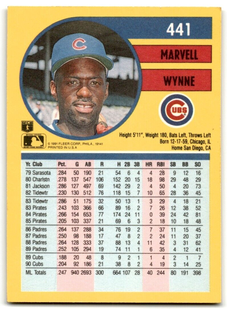 1991 Fleer Marvell Wynne Chicago Cubs #441