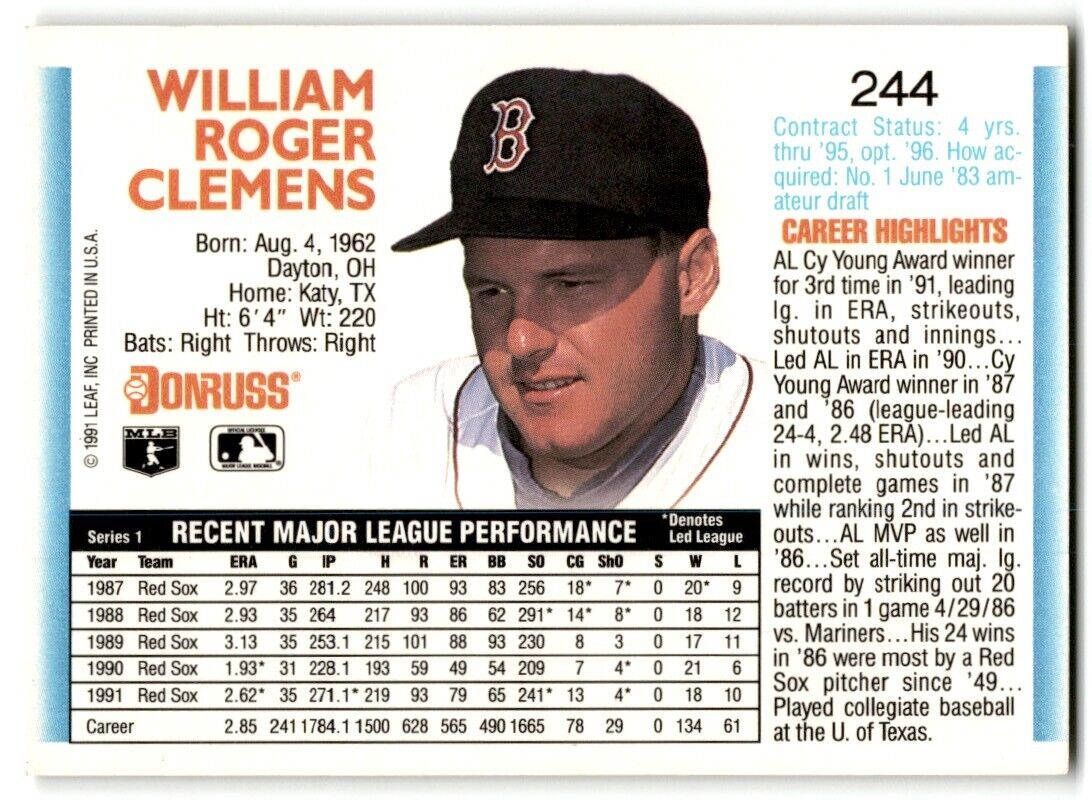 1992 Donruss Roger Clemens Boston Red Sox #244