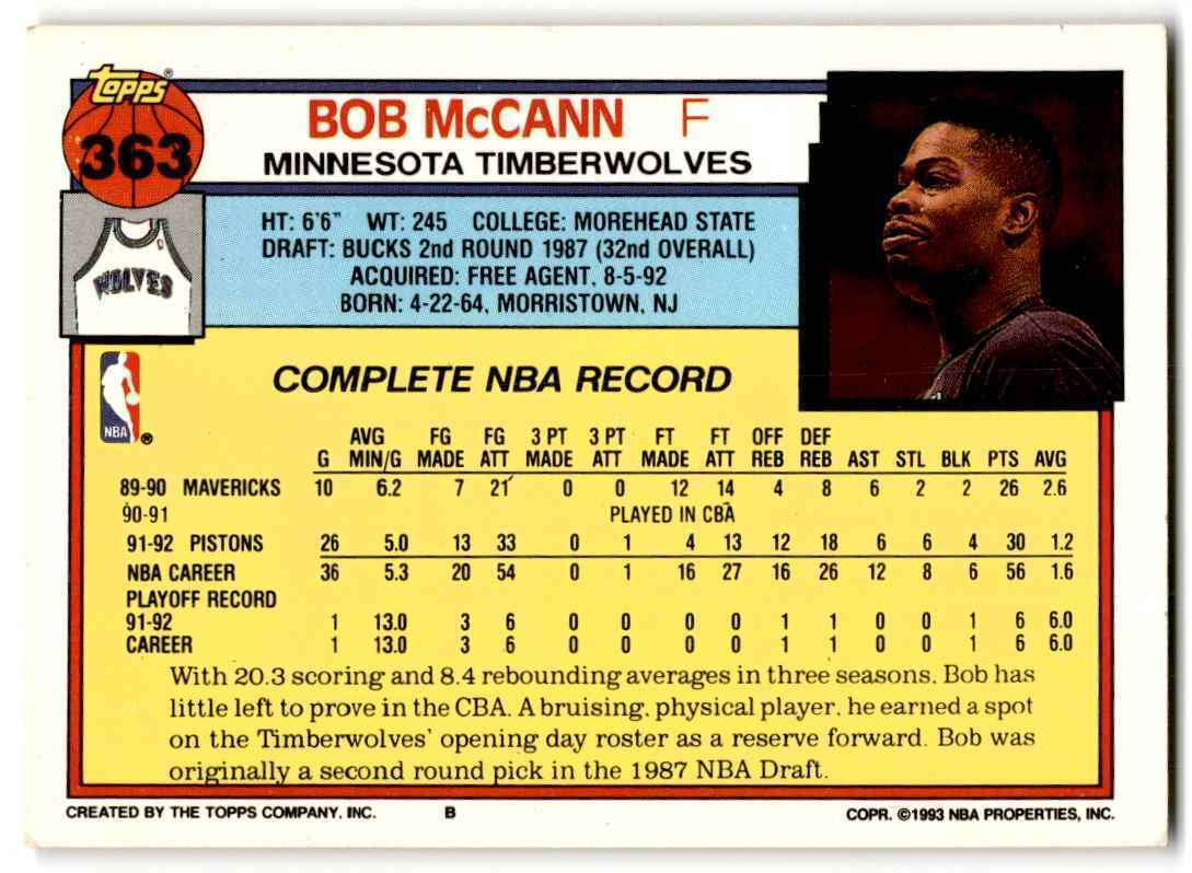 1992-93 Topps Bob McCann Rookie Minnesota Timberwolves #363