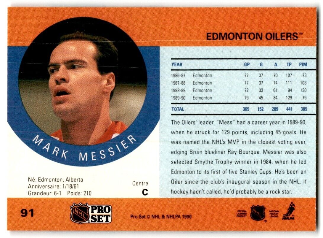 1990-91 Pro Set Mark Messier Edmonton Oilers #91