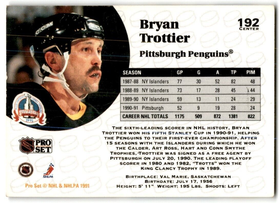 1991-92 Pro Set Bryan Trottier Pittsburgh Penguins #192