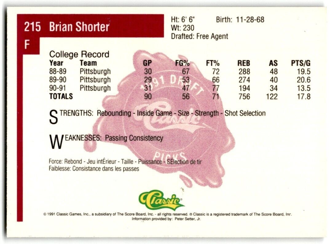 1991-92 Classic Brian Shorter Rookie #215