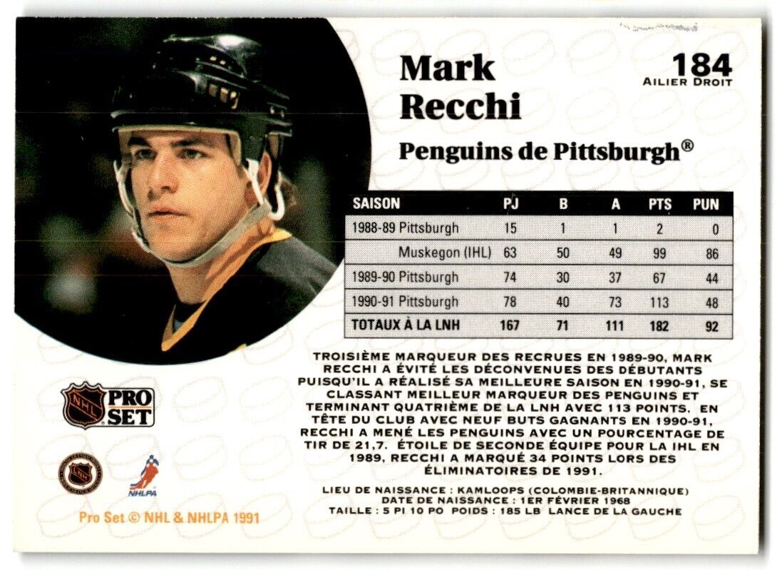 1991-92 Pro Set French Mark Recchi Pittsburgh Penguins #184