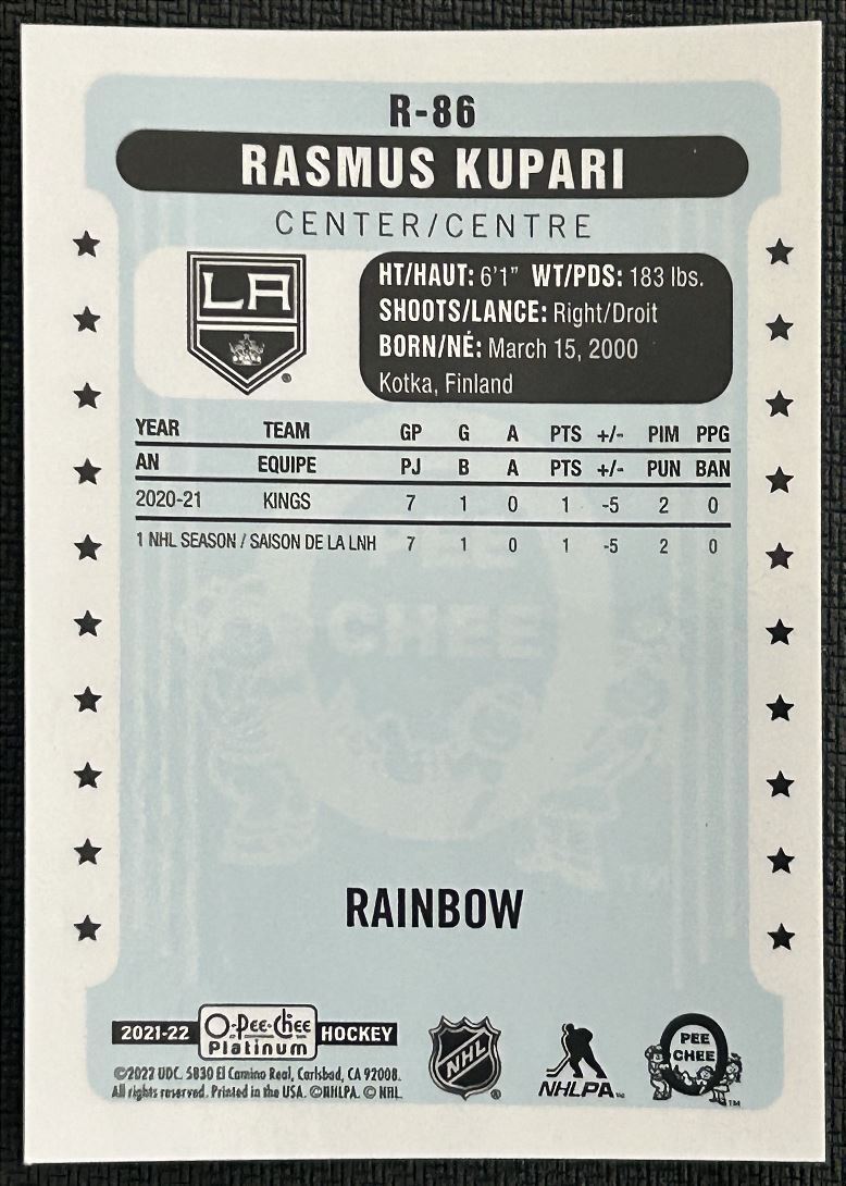 2021-22 O-Pee-Chee Plati num Retro Rasmus Kupari Rookie Los Angeles Kings #R-86