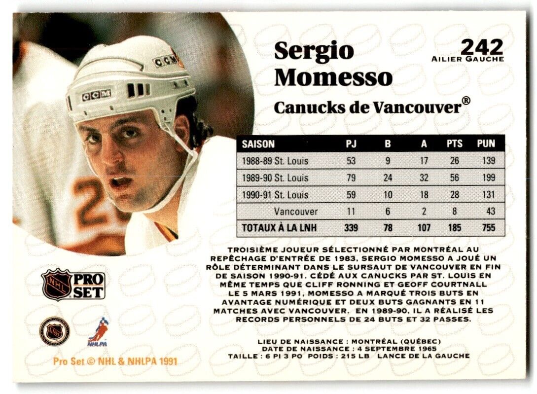 1991-92 Pro Set French Sergio Momesso Vancouver Canucks #242