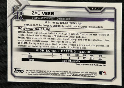 2021 Bowman Chrome Prospects Mojo Refractor Zac Veen Colorado Rockies #BCP-3