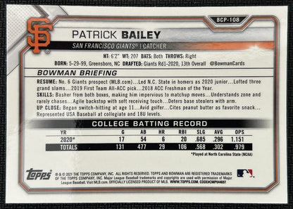 2021 Bowman Chrome Prospects Atomic Refractor Mojo Patrick Bailey San Francisco