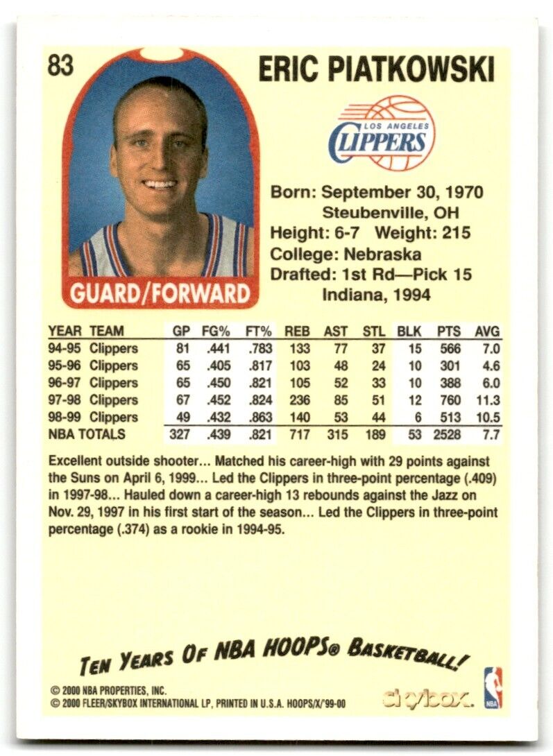 1999-00 Hoops Decade Eric Piatkowski Los Angeles Clippers #83