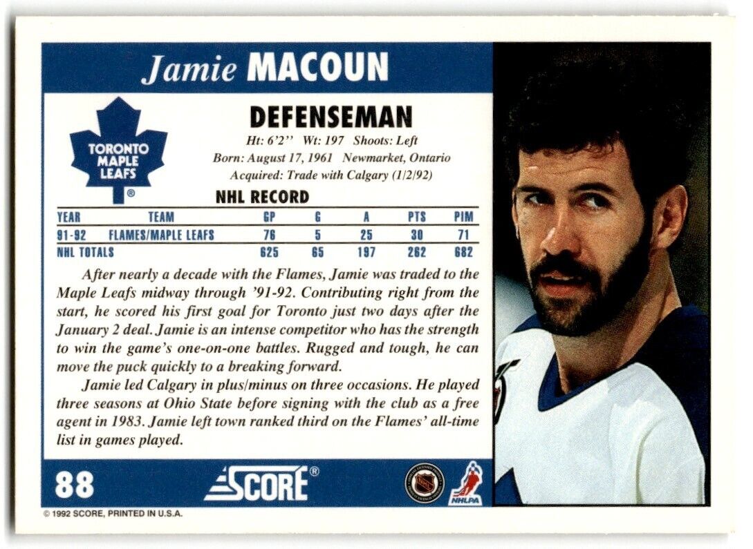 1992-93 Score Jamie Macoun Toronto Maple Leafs #88