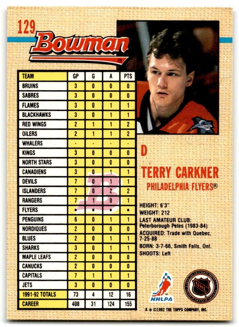 1992-93 Bowman Terry Carkner Philadelphia Flyers #129