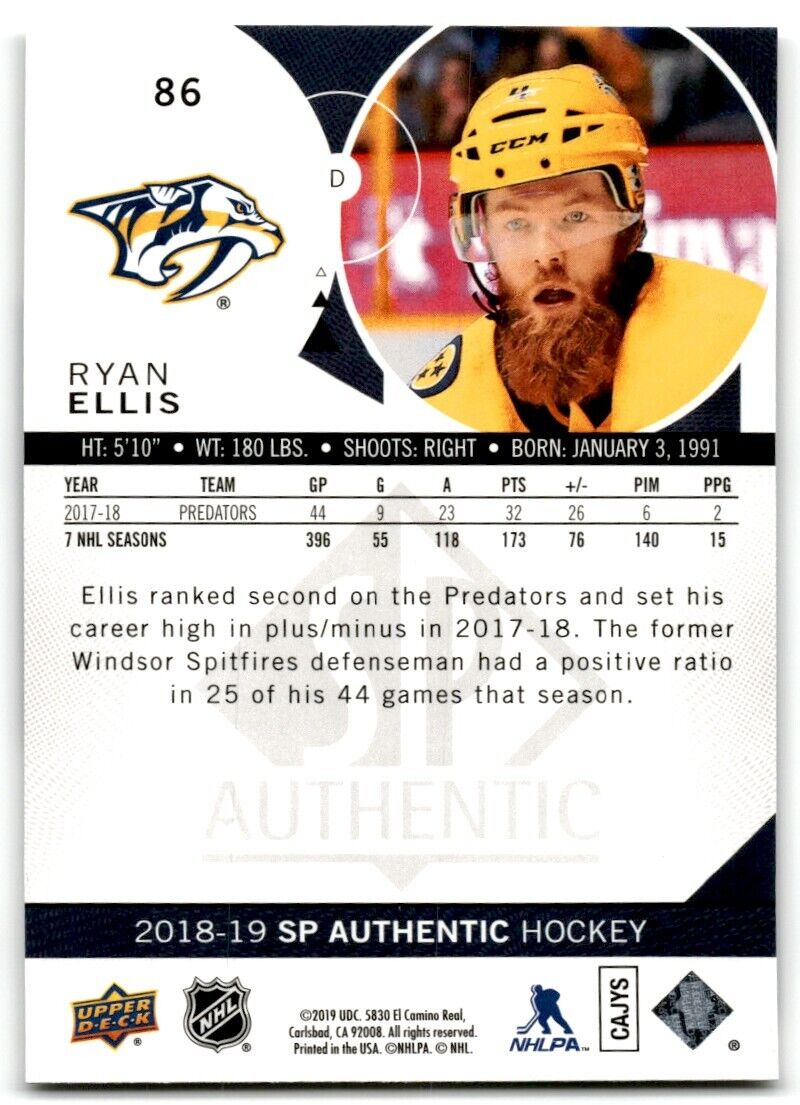 2018-19 SP Authentic Ryan Ellis Nashville Predators #86