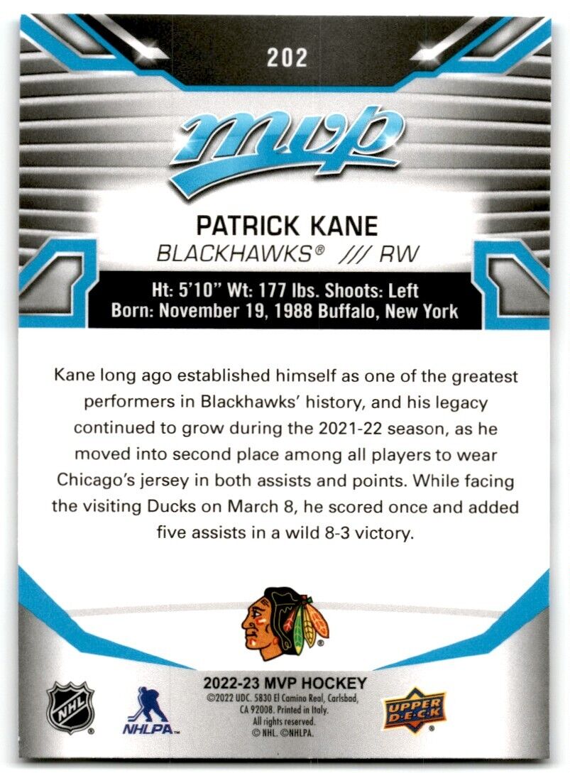 2022-23 Upper Deck MVP Patrick Kane Chicago Blackhawks #202