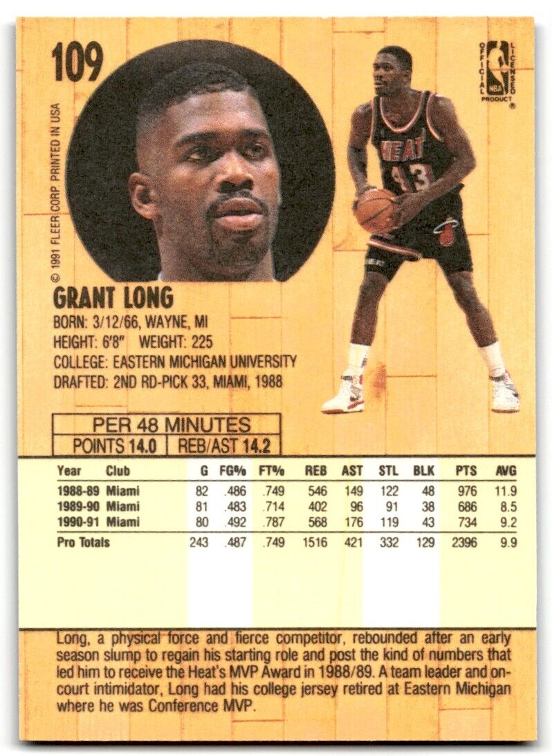 1991-92 Fleer Grant Long Miami Heat #109