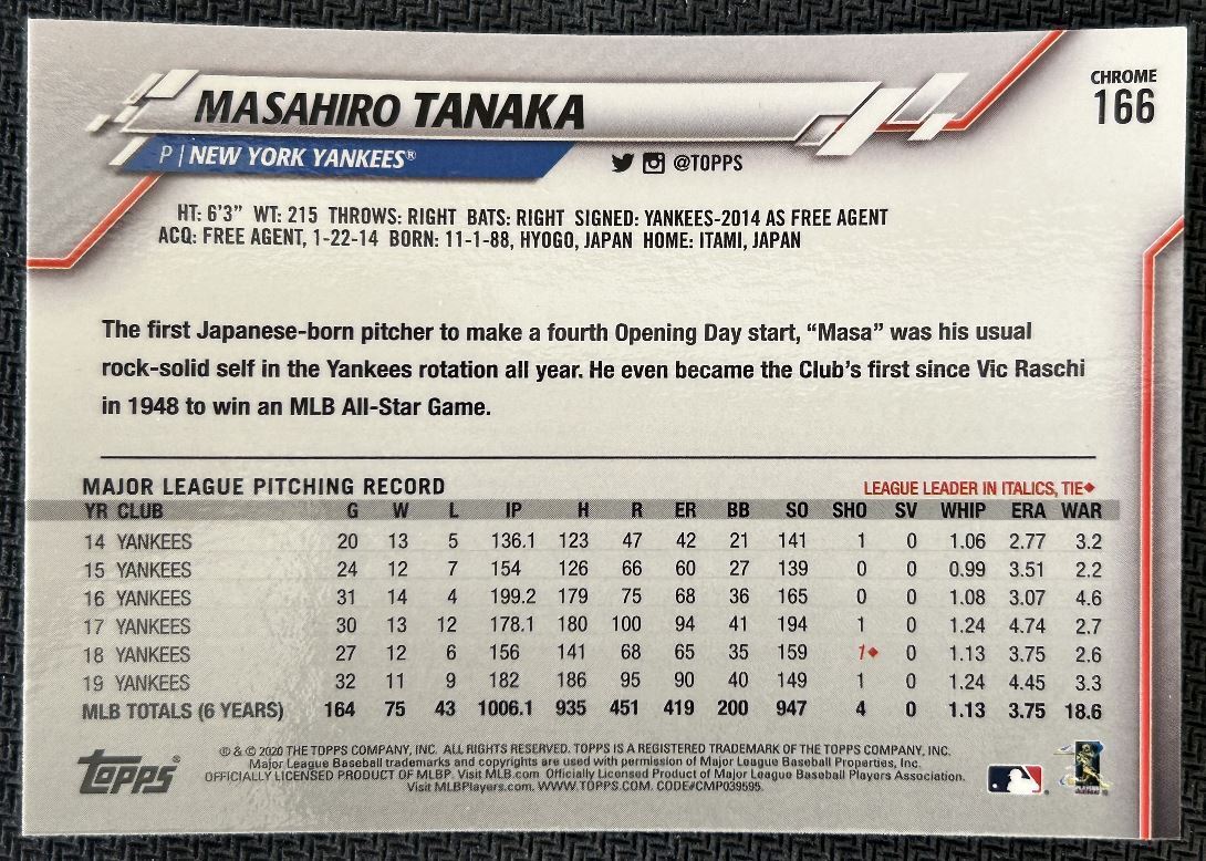 2020 Topps Chrome Masahiro Tanaka New York Yankees #166