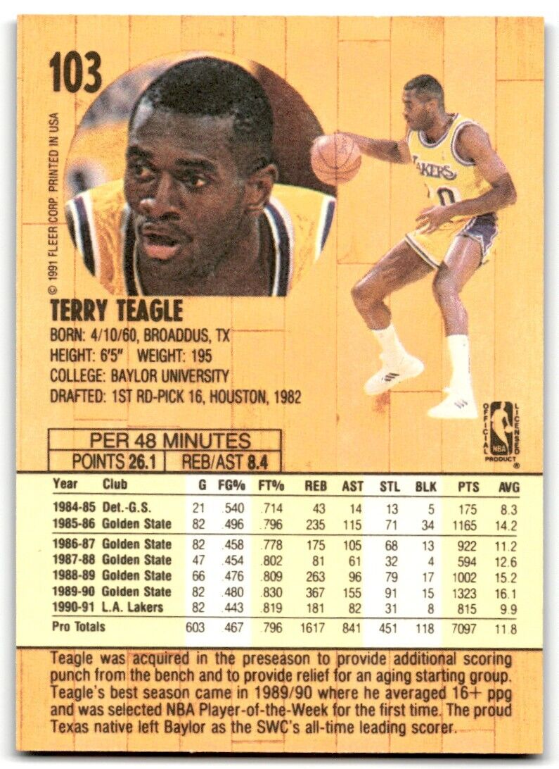 1991-92 Fleer Terry Teagle Los Angeles Lakers #103