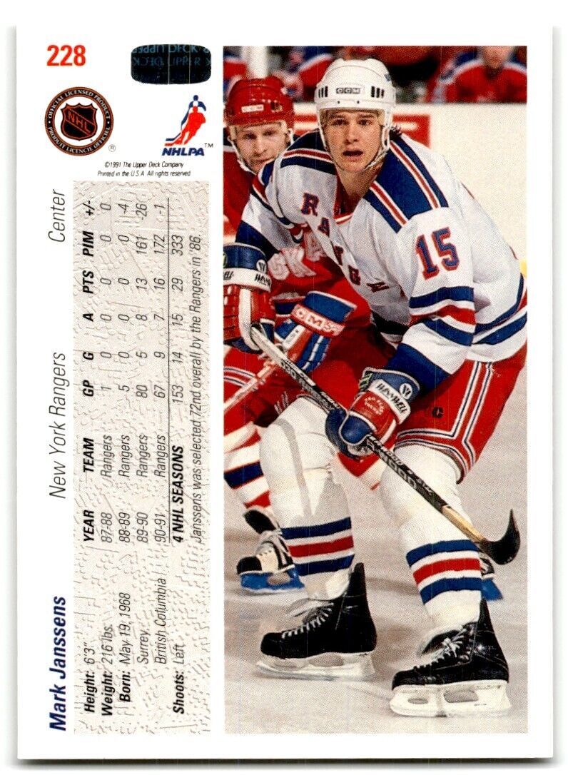 1991-92 Upper Deck Mark Janssens New York Rangers #228