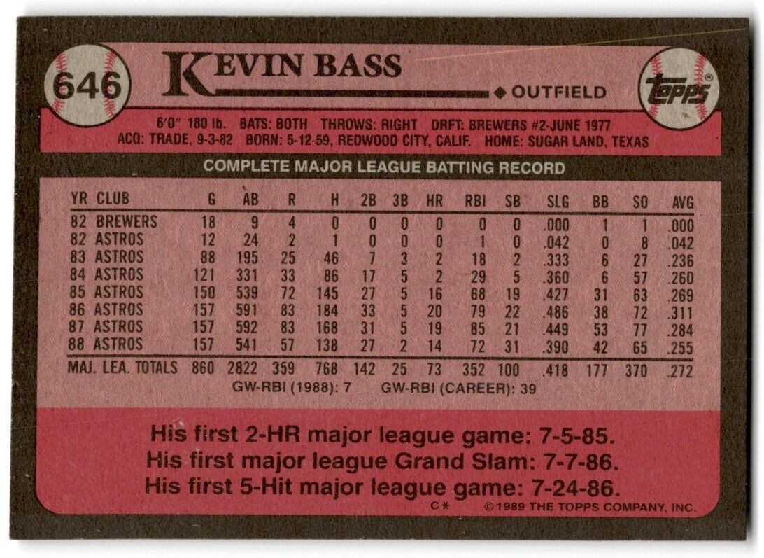 1989 Topps Kevin Bass Houston Astros #646