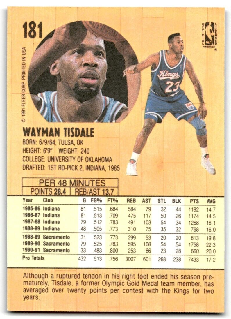 1991-92 Fleer Wayman Tisdale Sacramento Kings #181