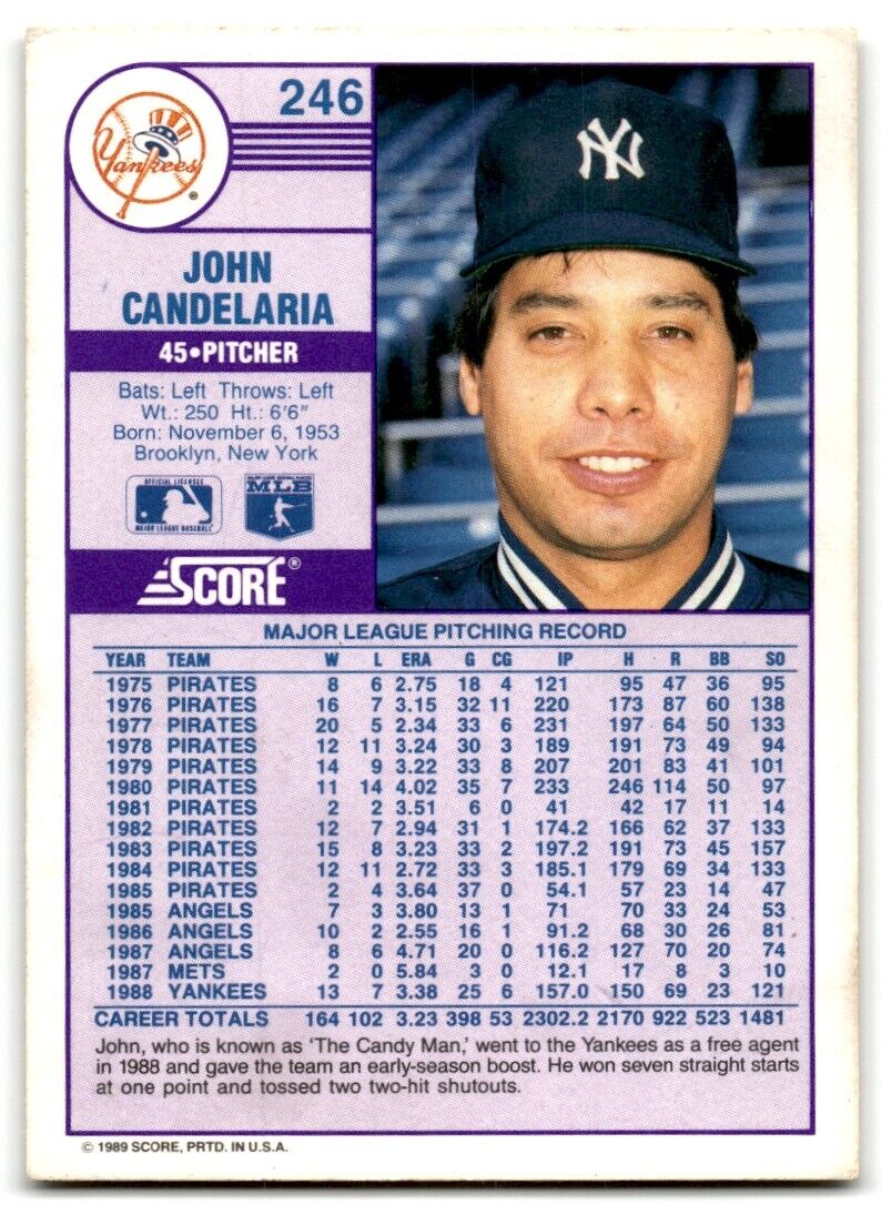 1989 Score John Candelaria New York Yankees #246