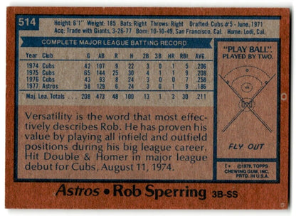 1978 Topps Rob Sperring Houston Astros #514