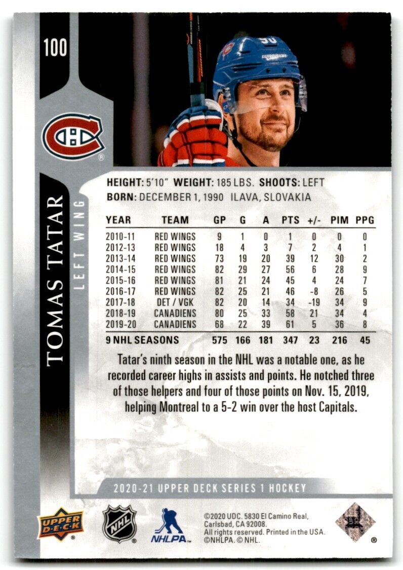 2020-21 Upper Deck Tomas Tatar Montreal Canadiens #100