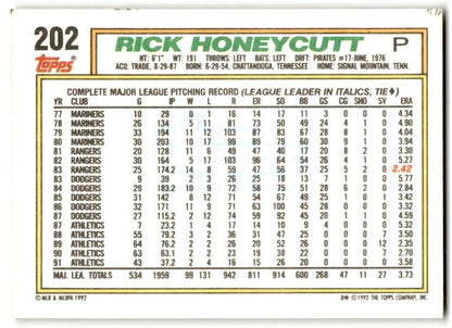 1992 Topps Rick Honeycutt Oakland Athletics #202