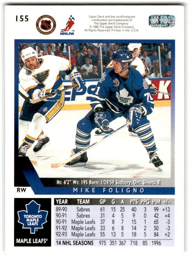 1993-94 Upper Deck Mike Foligno Toronto Maple Leafs #155