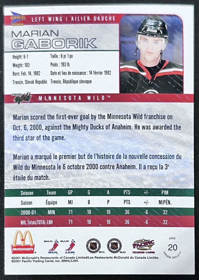 2001-02 Upper Deck McDonald's Marian Gaborik Minnesota Wild #20