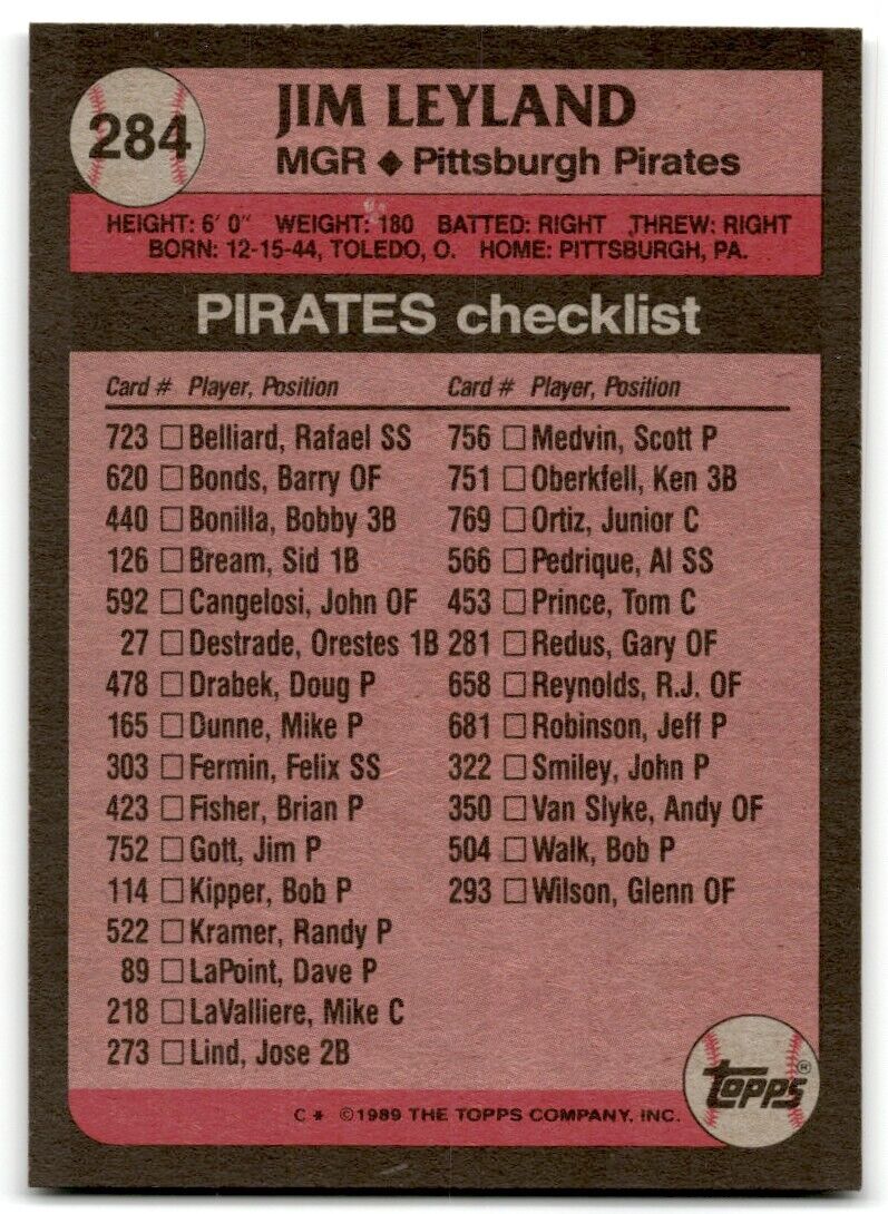 1989 Topps Jim Leyland Pittsburgh Pirates #284