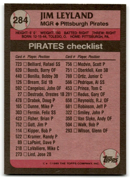 1989 Topps Jim Leyland Pittsburgh Pirates #284