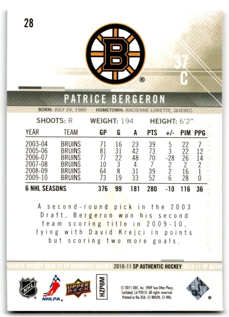 2010-11 SP Authentic Patrice Bergeron Boston Bruins #28