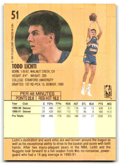 1991-92 Fleer Todd Lichti Denver Nuggets #51