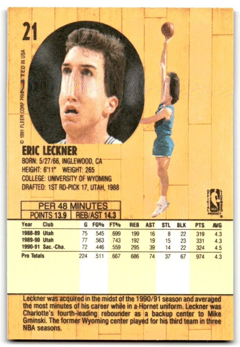 1991-92 Fleer Eric Leckner Charlotte Hornets #21