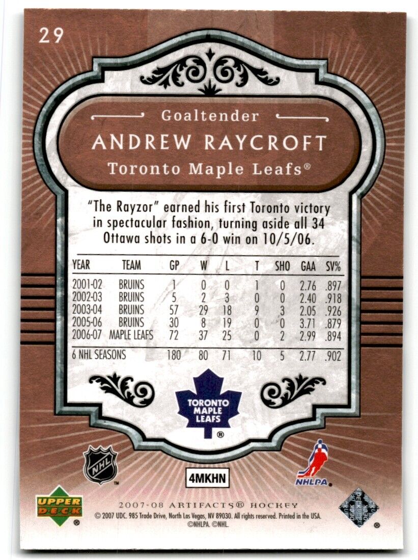 2007-08 Upper Deck Artifacts Andrew Raycroft Toronto Maple Leafs #29