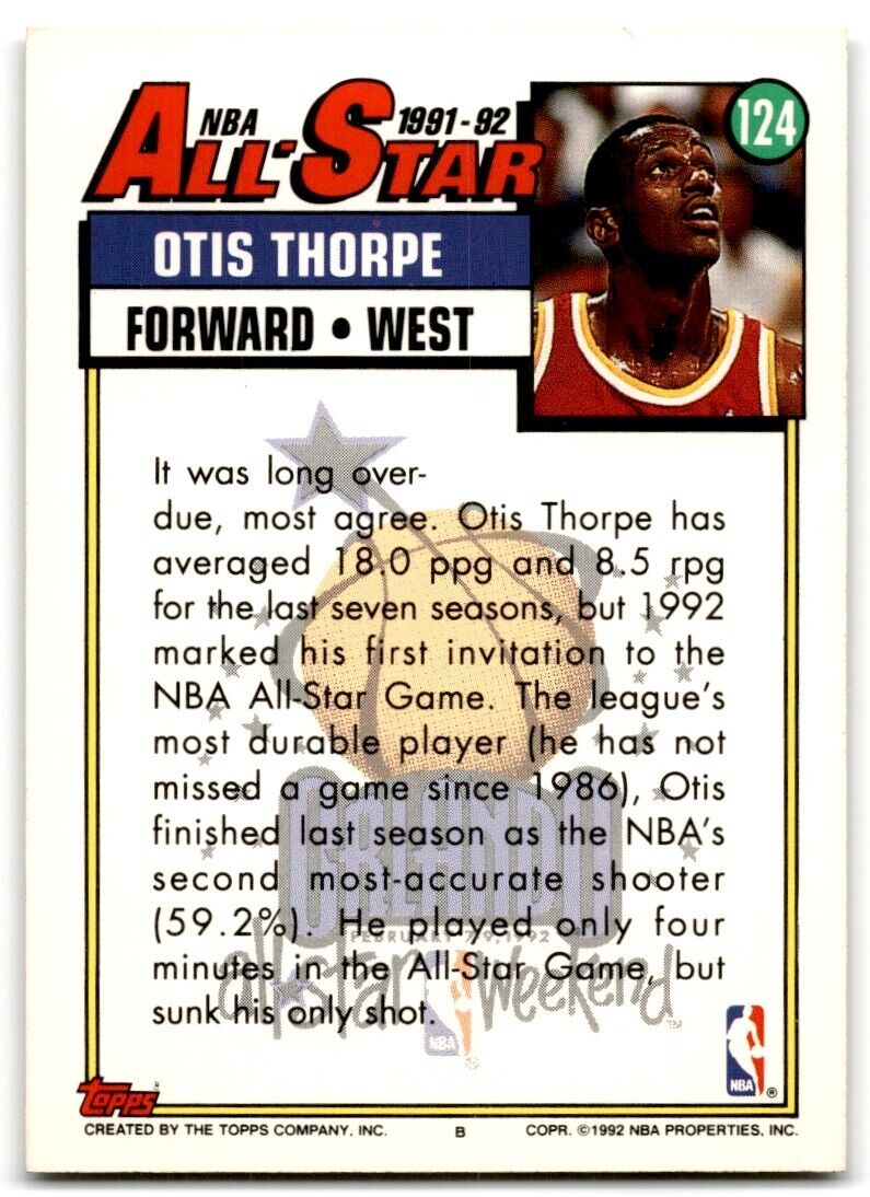 1992-93 Topps All-Star Otis Thorpe Houston Rockets #124