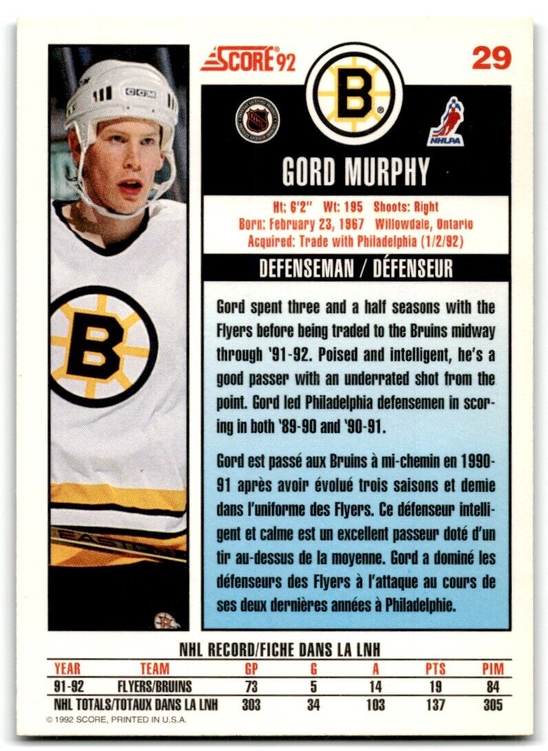 1992-93 Score Gord Murphy Boston Bruins #29