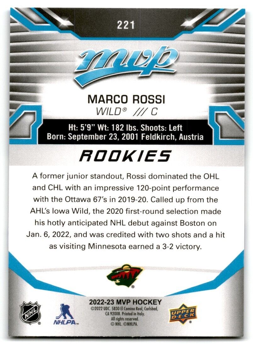 2022-23 Upper Deck MVP Marco Rossi Rookie Minnesota Wild #221