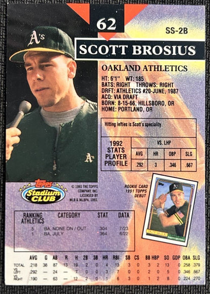 1993 Topps Stadium Club Scott Brosius Oakland Athletics #62