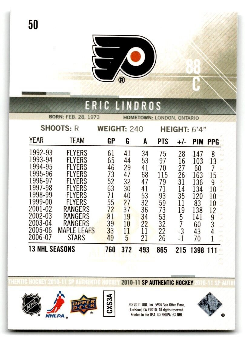 2010-11 SP Authentic Eric Lindros Philadelphia Flyers #50