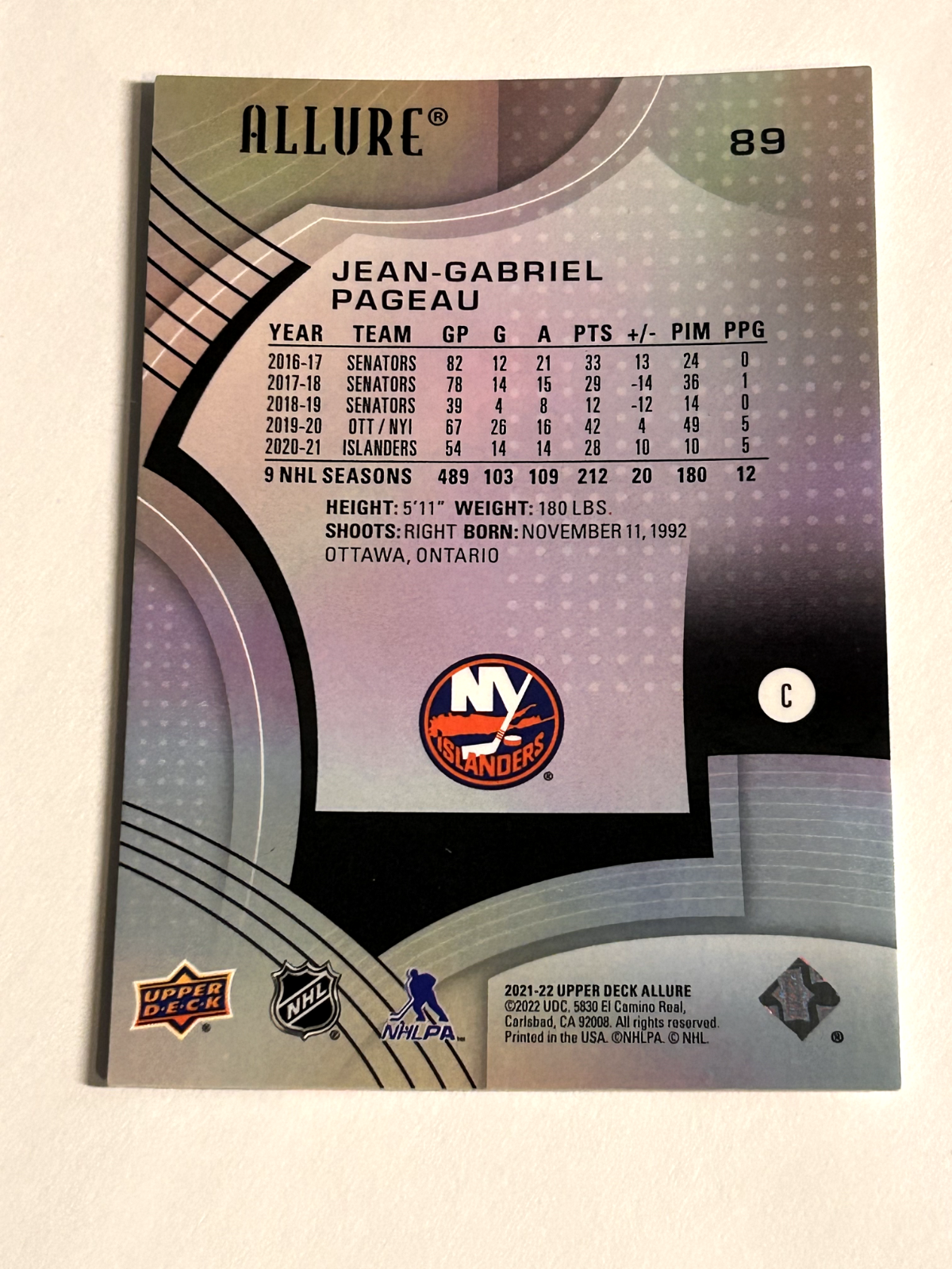 2021-22 Upper Deck #89 - Jean-Gabriel Pageau - New York Islanders