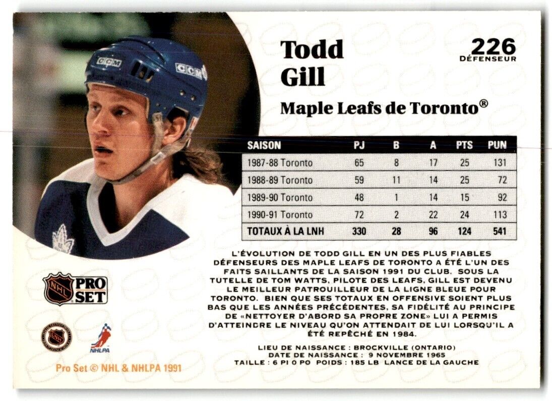 1991-92 Pro Set French Todd Gill Toronto Maple Leafs #226