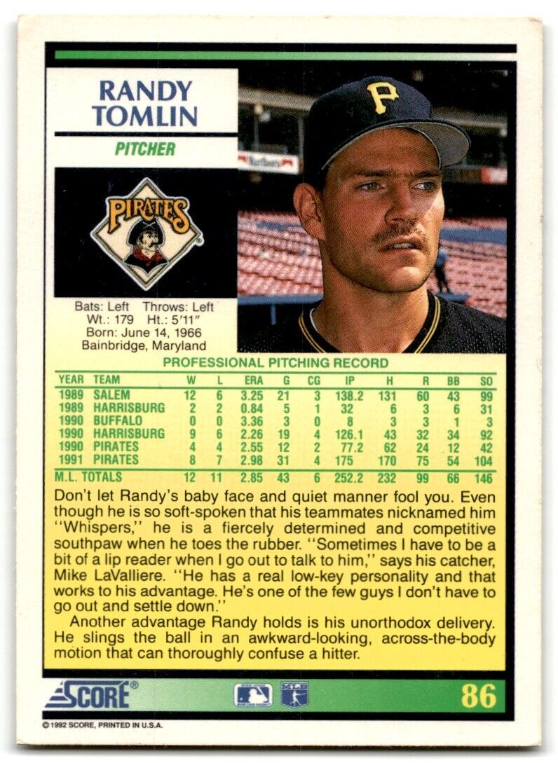 1992 Score Randy Tomlin Pittsburgh Pirates #86