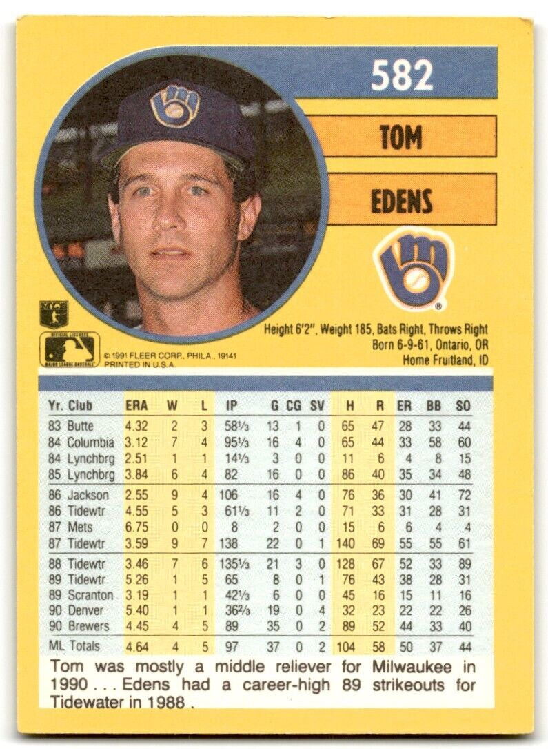 1991 Fleer Tom Edens Milwaukee Brewers #582