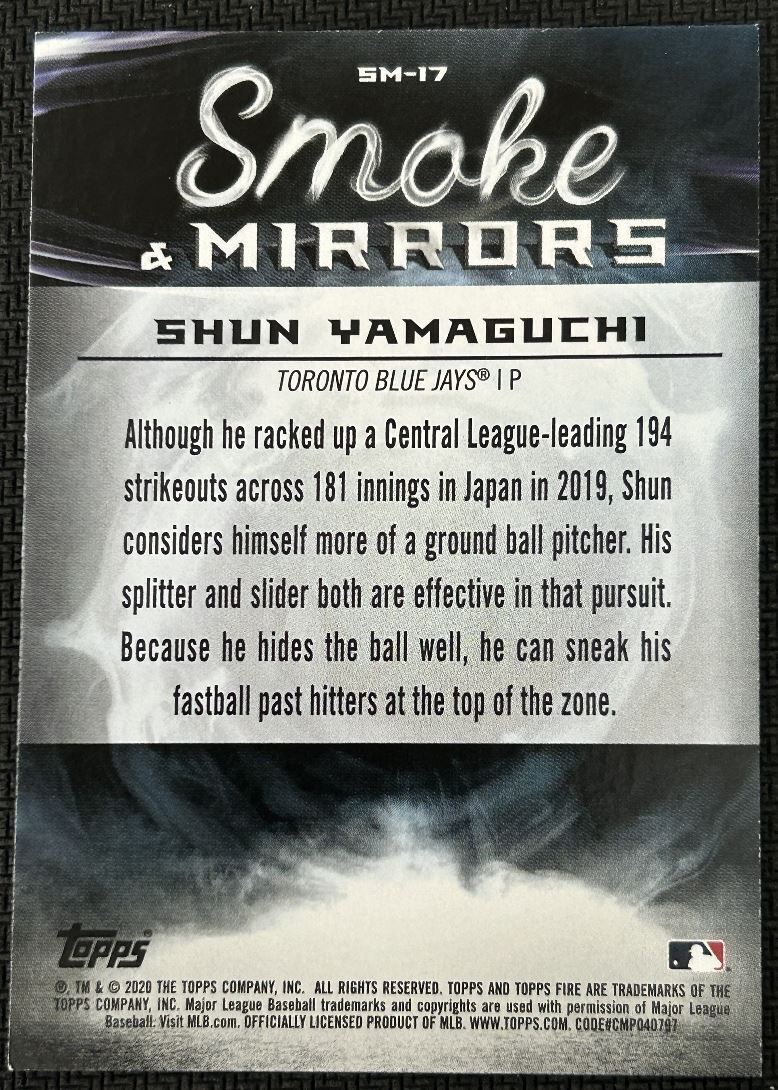 2020 Topps Fire Smoke and Mirrors Gold Minted Shun Yamaguchi Rookie Toronto Blue